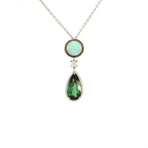 Pendentif Larme Australe - Opale, Tourmaline et Diamants sur Or Blanc 1