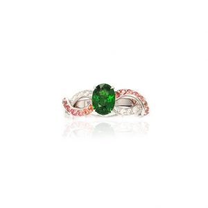 Solitaire Chlorophylle - Or blanc, Tsavorites, saphirs et diamants 1